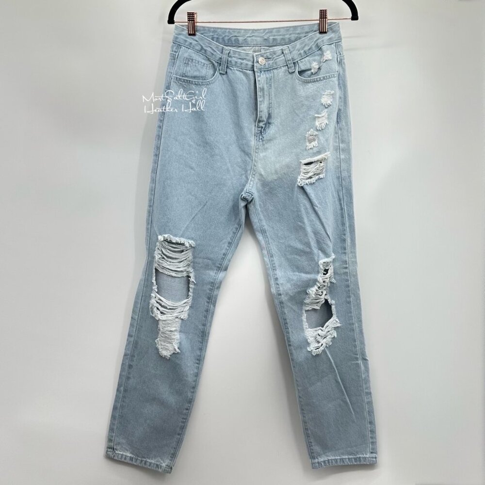 Shein Distressed Light Blue Ultra High-Waisted Denim Jeans 6